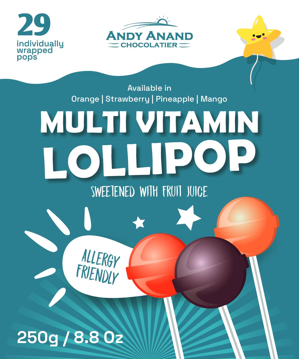 Andy Anand Sugar-Free Multivitamin Lollipops (29-31 ct, 8.8 oz) | Real Fruit Juice, Kids Multivitamin Pops | Local SoCal Bakery