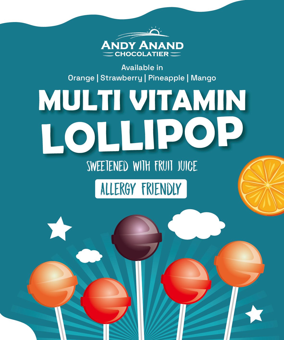 Andy Anand Sugar-Free Multivitamin Lollipops (29-31 ct, 8.8 oz) | Real Fruit Juice, Kids Multivitamin Pops | Local SoCal Bakery